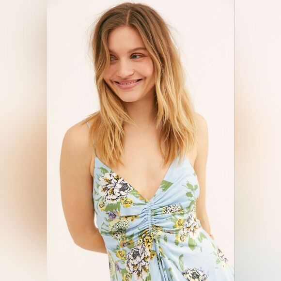 Free People Happy Heart Ruched Blue Floral Dress XS Blue Yellow - Picture 1 of 8
